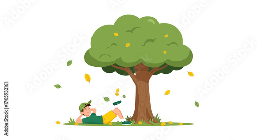 Individual Relaxing Under A Huge Tree, Enjoying Nature, In A Beautiful Autumn Scene