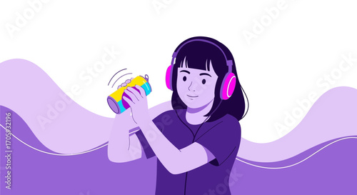 Listening Expression Using headphones, Young Woman, Music, Happiness, Enjoyment, Color Elements
