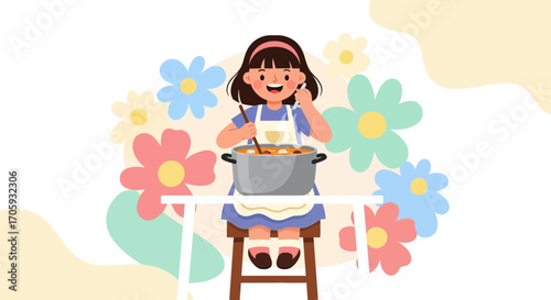 Little Girl Smiling While Cooking Delicious Food For Her Beloved Family With Love