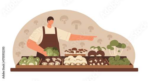 Local Grocer Displaying Assortment Of Fresh Produce And Pointing At The Choice