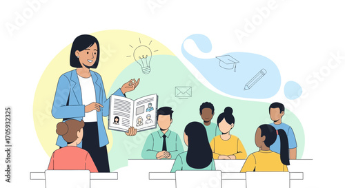 Instructor Teaching Students During University Seminar With Lightbulb And Graduation Concept