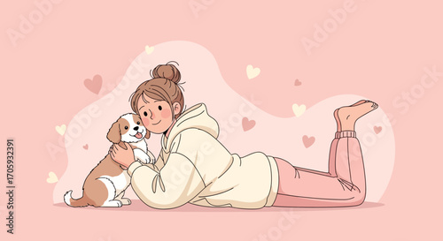 Loving Connection: Adorable Girl Relaxes With Her Puppy on Pink And Soft Background