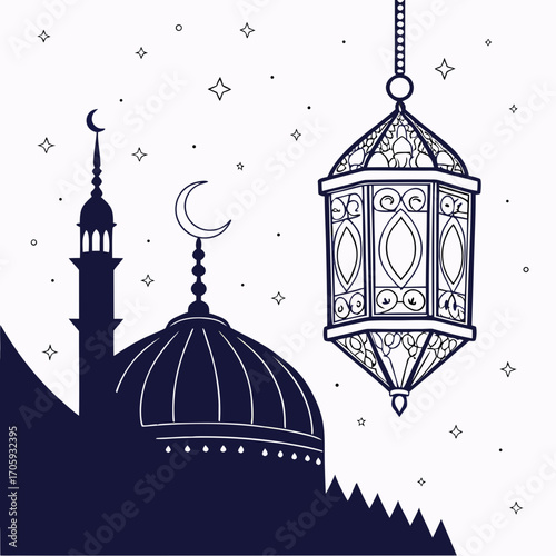 Silhouette of a mosque with a crescent moon and a hanging lantern against a starry night sky