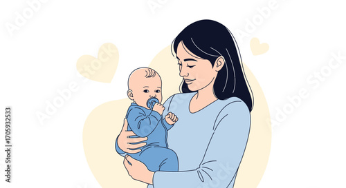 Loving Mother Gently Holds Her Adorable Baby With Hearts In Delightful Illustration