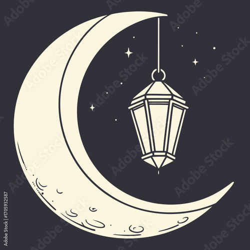 Stylized crescent moon with a hanging lantern and stars against a dark night sky background