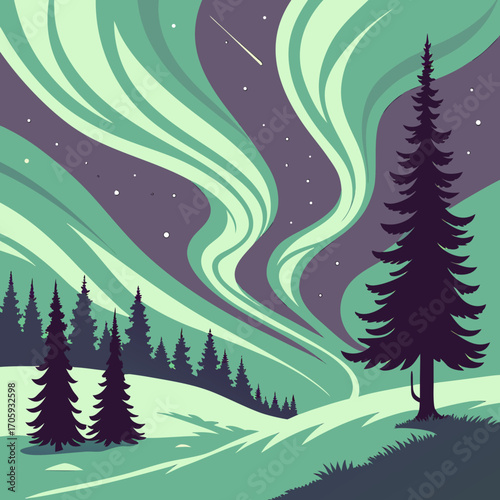 Stylized aurora borealis lights dance above a snowy forest landscape under a starry night sky