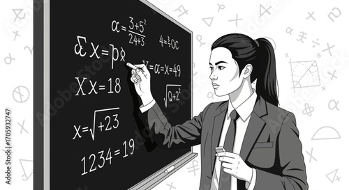 Intelligent Teacher Demonstrating Equations on a Chalkboard with Mathematical Symbols