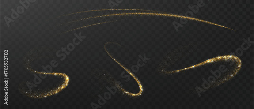 Gold dust wave set. Magical glitter swirl with sparkling star trail vector illustration