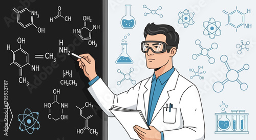 Intelligent Lab Technician Teaching Chemistry Principles with Molecular Structures Presented