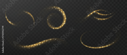 Golden glitter dust swirl. Magic star trail wave with sparkle light vector background