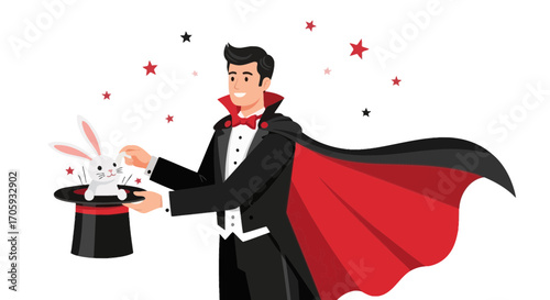 Magician Performing Magic Trick With Rabbit Emerging From His Hat and Floating Stars