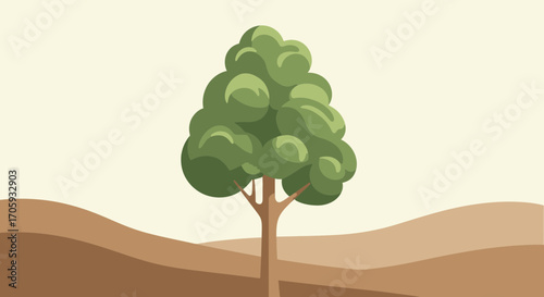 Isolated Minimalist Tree With Rolling Hills Against a Cream Backdrop Illustration