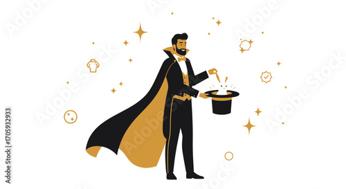 Magician Performing Tricks Wearing a Stylish Cape, Showing Rabbit Emerging From Hat