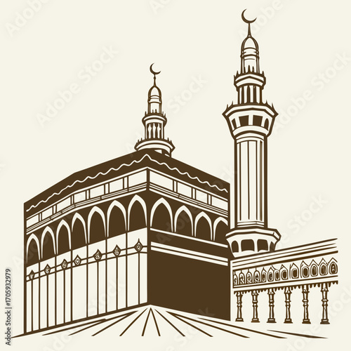 Stylized illustration of the kaaba and a minaret in mecca saudi arabia with a crescent moon atop the minaret
