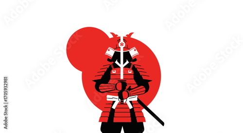 Japanese Samurai Warrior Abstract Illustration With Red Background and Sword Minimalism