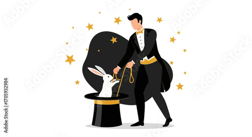 Magician Performing Magic Trick with Rabbit Emerging from The Top Hat in Performance