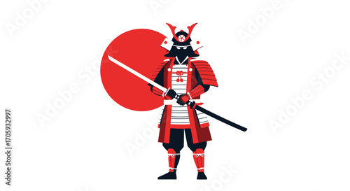 Japanese Warrior In Armor, Illustrative Style Against A White Background
