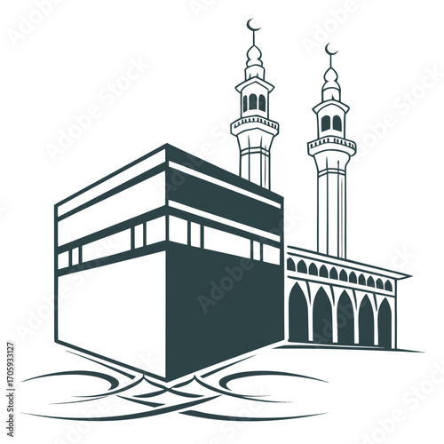 Stylized illustration of the kaaba in mecca with minarets and decorative elements