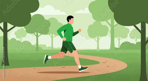 Jogger Exercising Within A Lush Green Park On A Winding Path During The Day