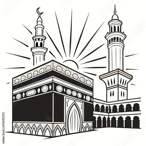 Stylized illustration of the kaaba in mecca with minarets and sun rays symbolizing islamic faith and pilgrimage