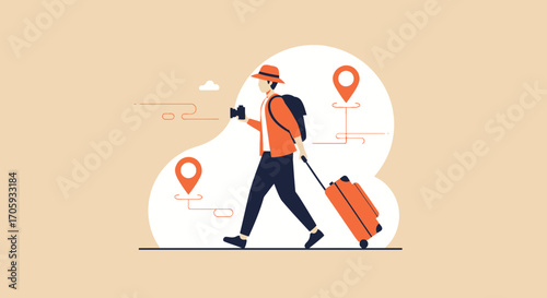 Journey Visualization: Traveling Individual with Luggage, Photographic Equipment, and Navigation