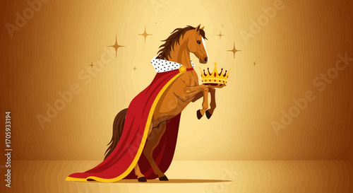 Majestic Horse Holding Golden Crown, Wearing Red Cape, With Decorative Stars Background