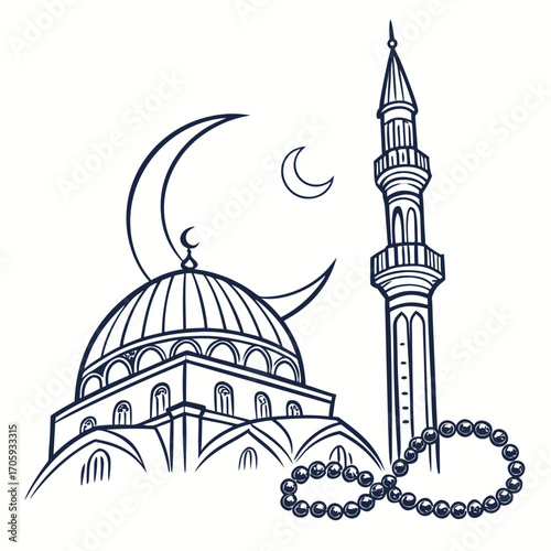 Stylized islamic mosque with crescent moon minaret and prayer beads in a clean line art design