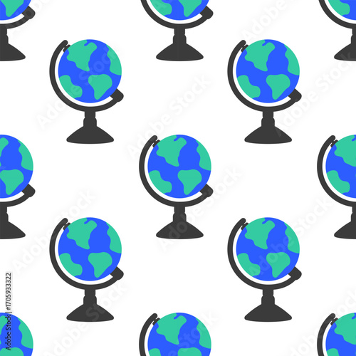 Seamless pattern with globe. Ornament with school supplies. Flat design. Vector.