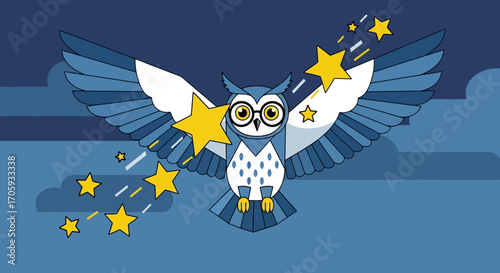 Majestic Owl Spreading Its Wings Across Night Sky With Shimmering Golden Stars Beautifully