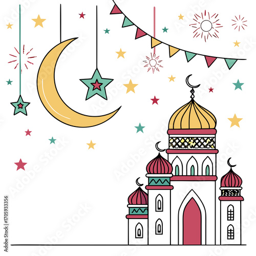 Stylized islamic mosque with crescent moon stars and bunting decorations celebrating ramadan and eid