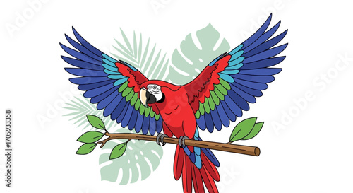 Majestic Parrot With Vibrant Feathers Perched on a Branch and Wing Span