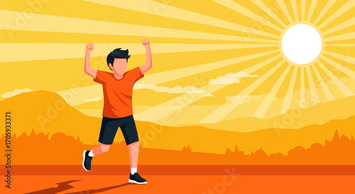 Joyful Athlete Celebrating Victory with Arms Raised Under a Radiant Sunny Sky