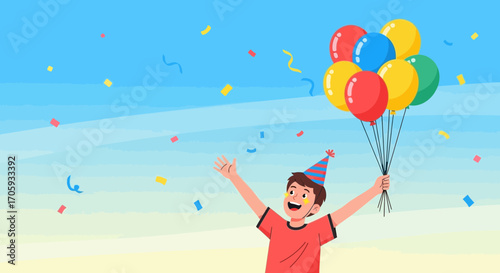 Joyful Birthday Celebration With Colorful Balloons And Festive Confetti Illustration