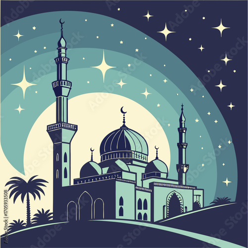 Stylized islamic mosque with minarets and domes under a starry night sky with celestial arcs