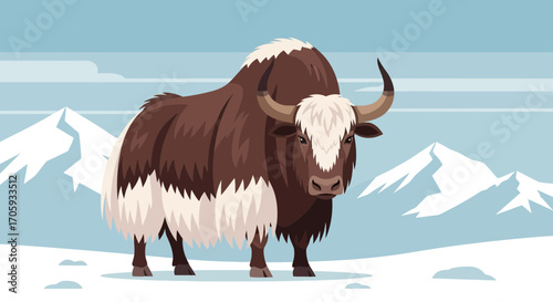 Majestic Yak Standing Proudly In Snowscape With Mountainous Backdrop, Powerful Icon