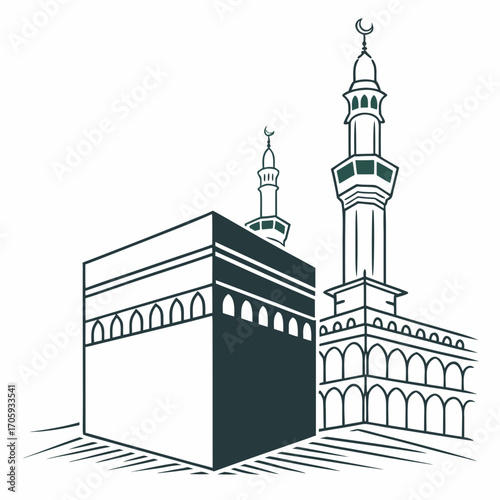 Stylized line art illustration of the kaaba and minarets in mecca saudi arabia