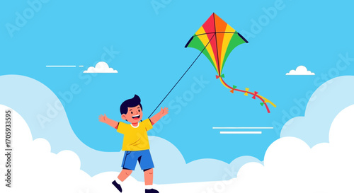 Joyful Boy Flying A Kite Under A Clear Blue Sky With Playful White Clouds Above