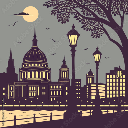 Stylized london skyline with st paul s cathedral and the river thames at dusk under a full moon