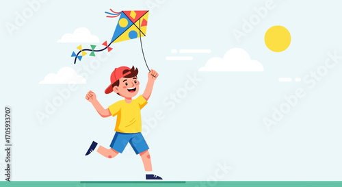 Joyful Boy Flying Kite On A Pleasant Day Amidst The Sun And Clouds
