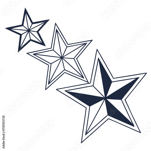 Three stylized nautical star shapes in dark blue and white arranged diagonally on a white background