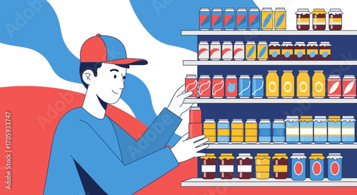 Man Arranging Canned Drinks And Jars On The Shelf At The Grocery Store