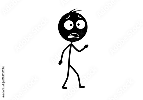 A black stick figure character has a worried expression and is gesturing with one arm while walking