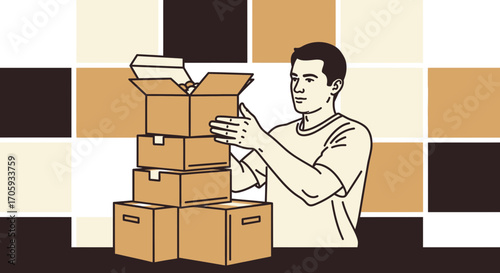 Man Arranging Cardboard Boxes Against a Geometric Background Ready to Relocate