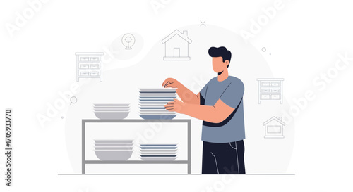 Man Arranging Dishes In A Modern Kitchen, A Simple Everyday Home Activity