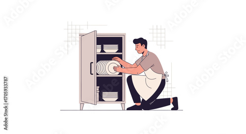 Man Arranging Dishes In Kitchen Cupboard After Completing Task And Putting Away Clean Plates