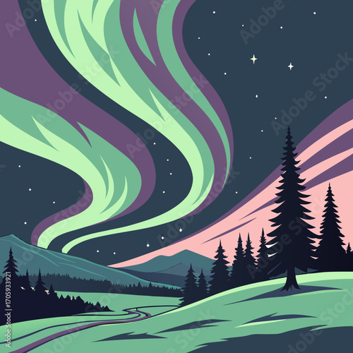 Vibrant aurora borealis dances across a starry night sky over a serene winter landscape