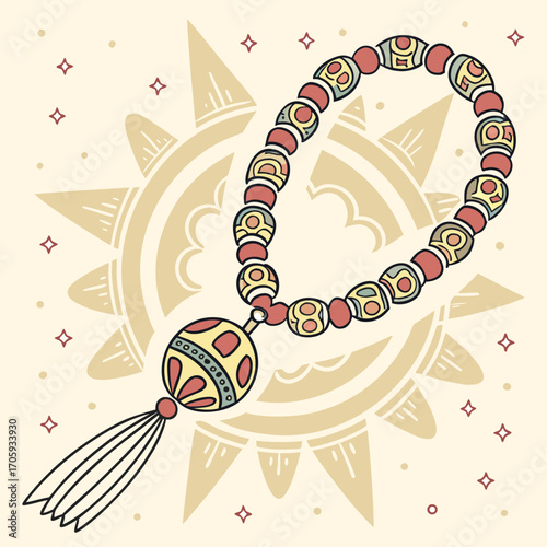 Vibrant beaded bracelet with a decorative tassel and sun motif in a whimsical folk art style