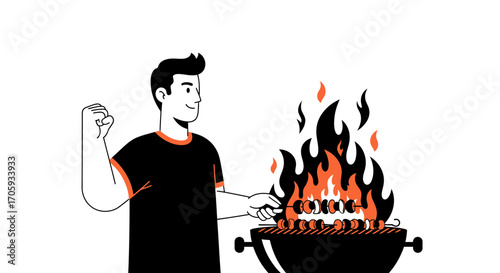 Man At A Barbecue, Celebrating Success, Cooking Delicious Food, Enjoying The Moment
