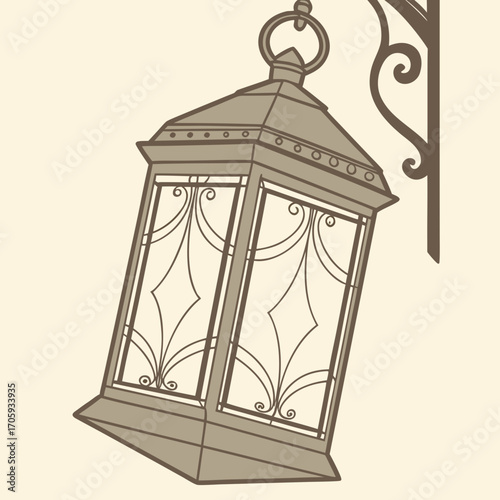 Vintage ornate lantern hanging from a decorative scroll bracket on a cream background