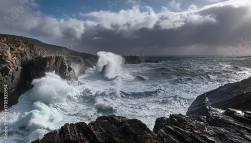 Dramatic Coastal Waves Crashing Against Cliffs In A Grey Stormy Landscape Potential Use For Nature Photography